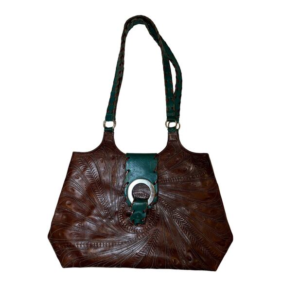 Leaders in‎ Leather Hand-tooled Brown Leather Medium Sz Shoulder Satchel Handbag - Picture 1 of 8